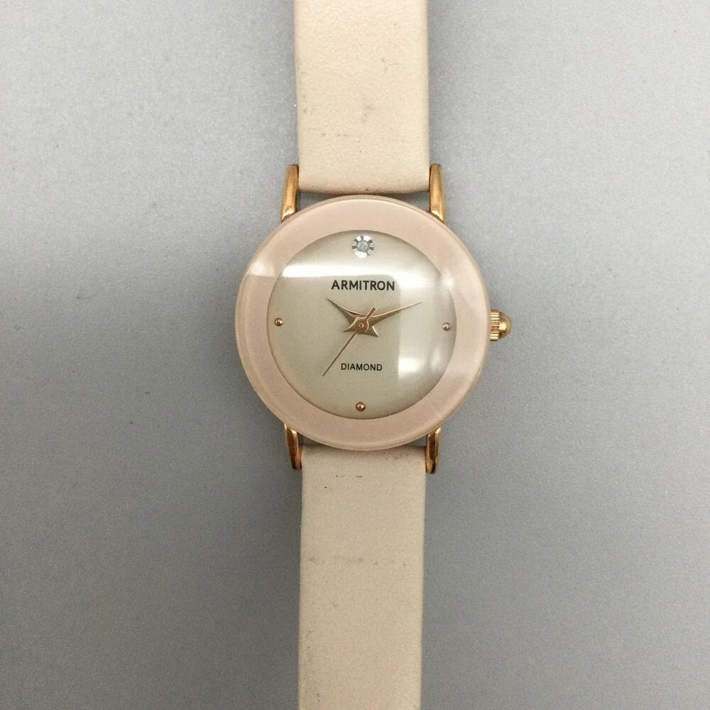 Armitron Diamond Womens Watch 24mm Gold Tone Beige Leather Band New Battery